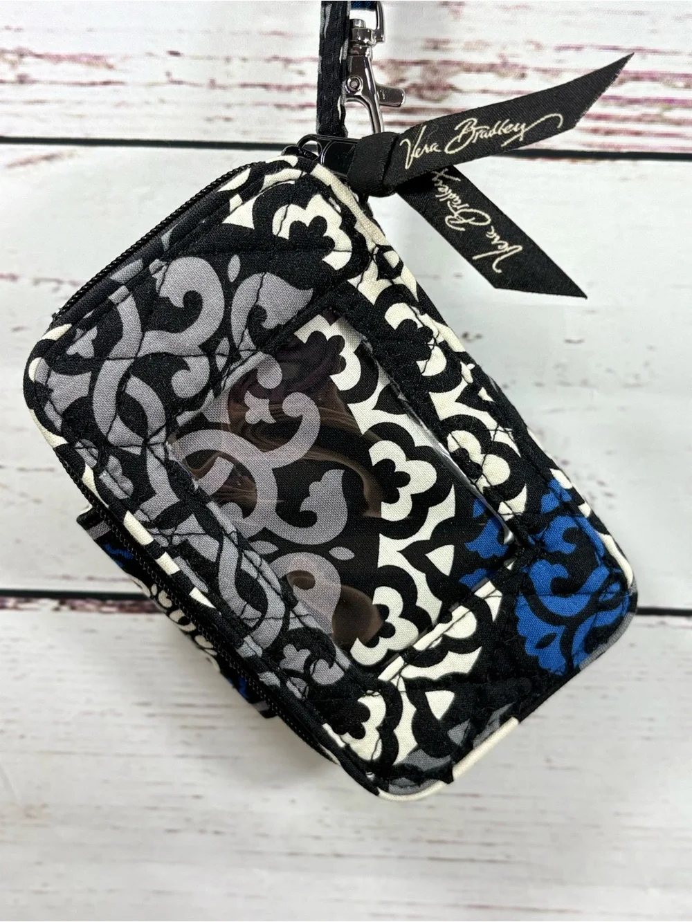 Retired Vera Bradley Canterberry Black and Blue Wrist Wallet and ID Holder
